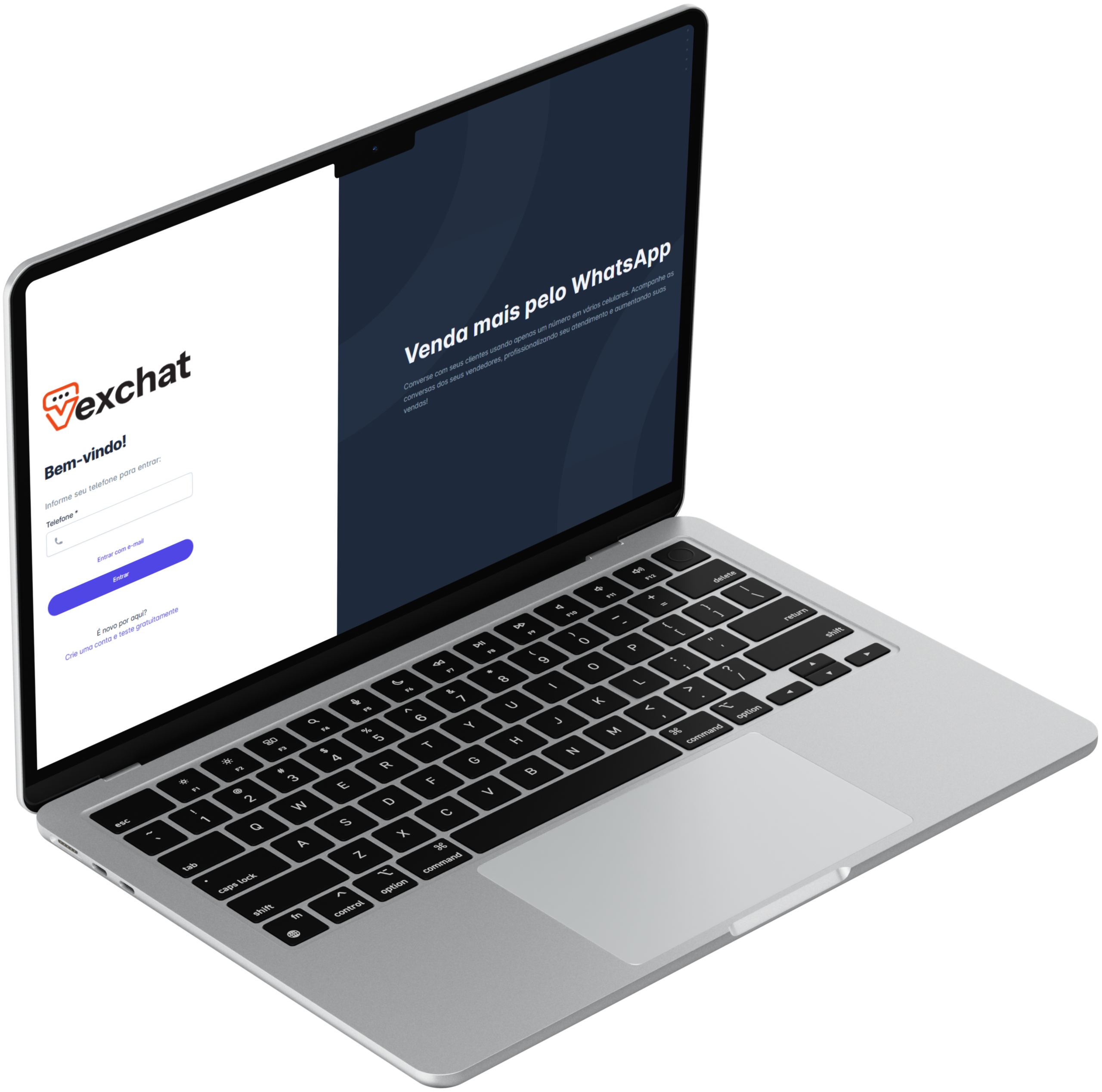 Interface do Vex Chat exibida em notebook com tela de login e painel de vendas pelo WhatsApp